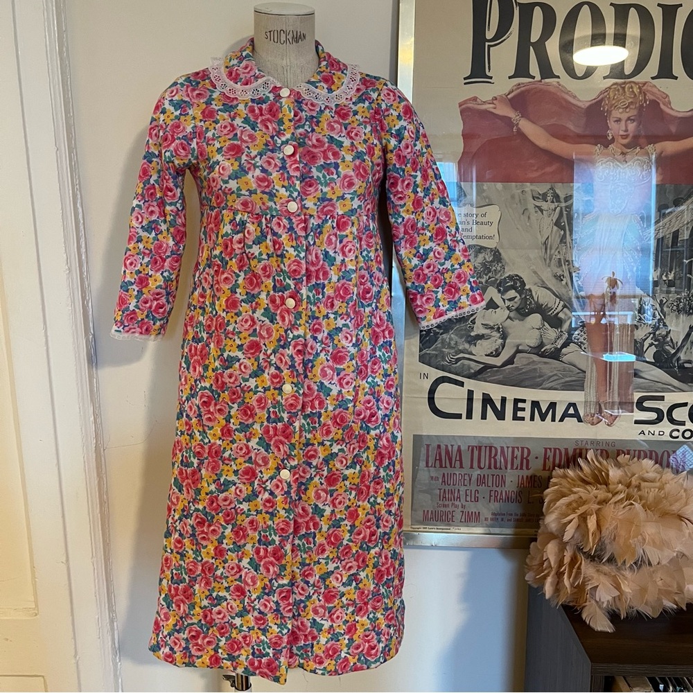 SOLD Vintage Quilted House Dress Housecoat Robe Neon Ditsy Floral
